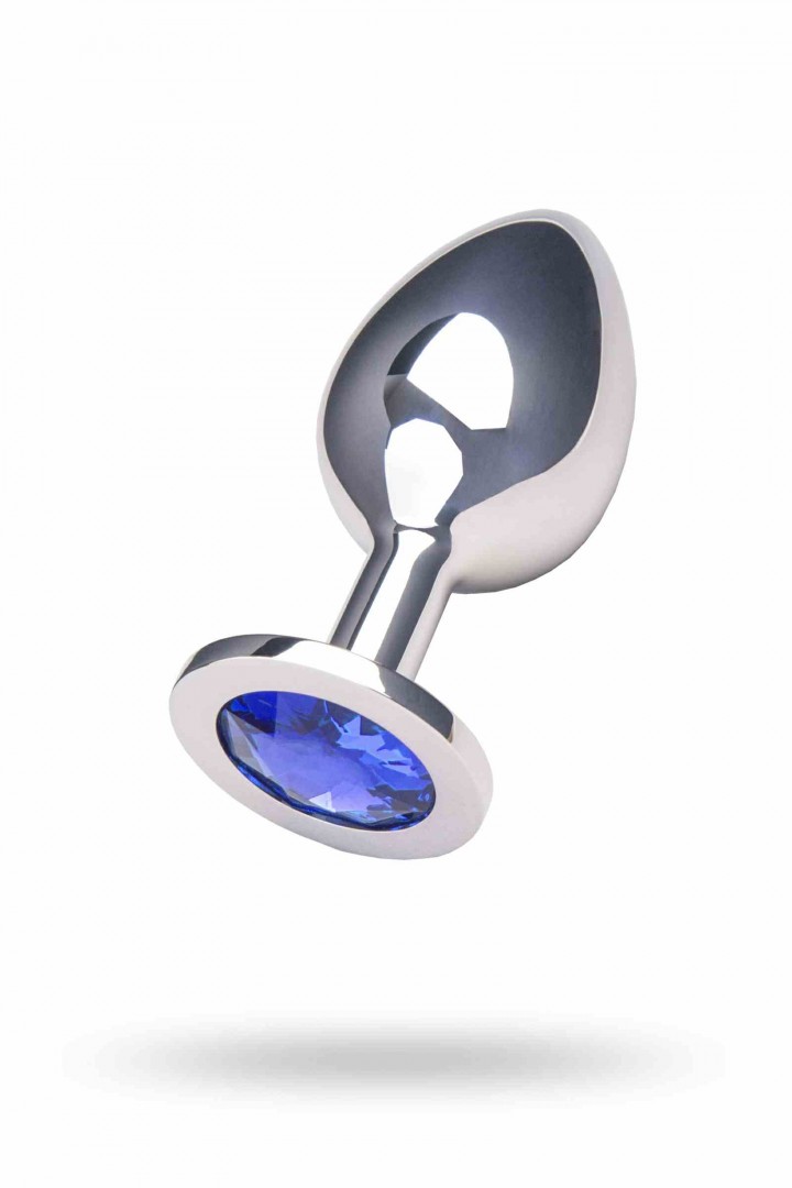 Анальная пробка алюминиевая, серебряная, кристалл голубой, размер L
