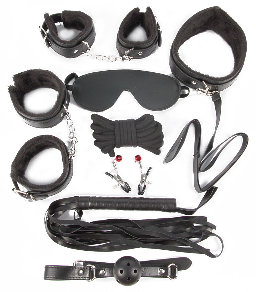 КОМПЛЕКТ наручники, оковы, маска, кляп, плеть, ошейник с поводком, верёвка